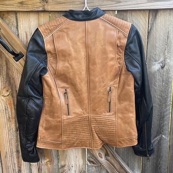 Harley Davidson Women's Leather Moto Jacket NWT XS Tan Black - Picture 4 of 8